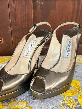 Jimmy Choo Metallic Gold Peep-Toe Platform Slingbacks